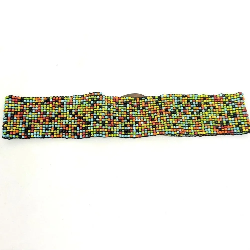 Colorful Seed Bead Wood Clasp Buckle Boho Festival Ethnic Tribal Stretch Belt